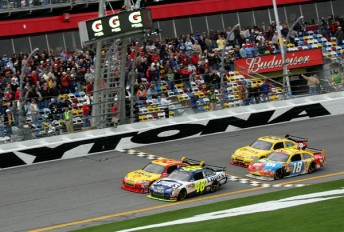 Jimmie Johnson crosses the line to win the first Gatorade Duel at Daytona on Thursday