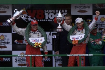 Holden Racing Team drivers Mark Skaife and Tony Longhurst celebrate their 2001 Bathurst 1000 victory