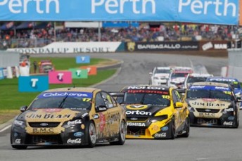 Steven Johnson leads team-mates James Moffat and Dean Fiore at Barbagallo Raceway last weekend