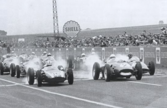 Brabham and Phil Hill lead off the start at Reims in 1960