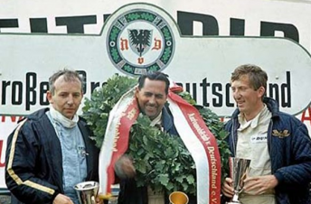 Brabham on the German GP podium with Surtees and Rindt