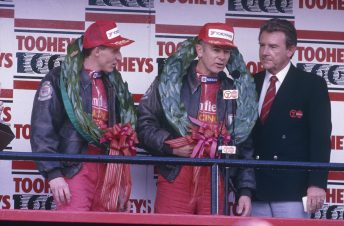 Skaife and Richards stand on the podium after winning a controversial 1992 Bathurst 1000