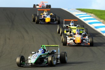 Tim Macrow leads the F3 pack at Phillip Island earlier this year