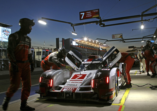 The Benoit Treluyer, Marcel Fassler, Andre Lotterer Audi being serviced during the Lone Star Le Mans race at Austin, Texas