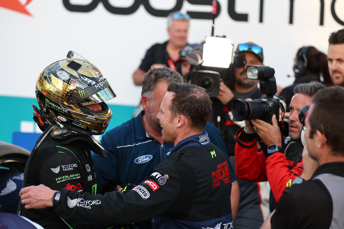 Cam Waters celebrates with his team after winning Race 25 at the Gold Coast 500. Image: InSyde Media