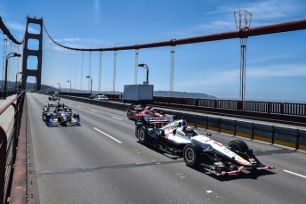 Will Power drives over the Golden Gate Bridge in an special IndyCar motorcade honouring Wilson