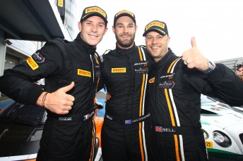 Shane Van Gisbergen celebrates Blancpain victory with Von Ryan Racing team mates Kevin Estre and Rob Bell 