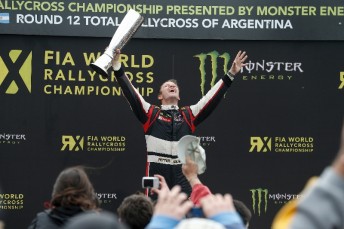Petter Solberg celebrates victory in the final round of the FIA World Rallycross Championship