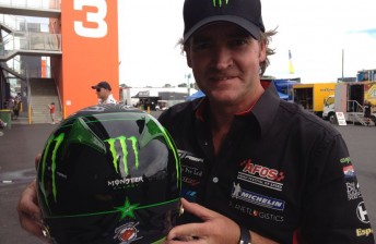 Craig Baird with his new Monster Energy helmet, complete with Jason Richards tribute