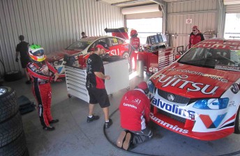 The GRM crew working on the two Fujitsu entries at Winton today