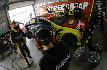 car Ingall climbs out of his Supercheap Auto Racing Commodore VE at Winton