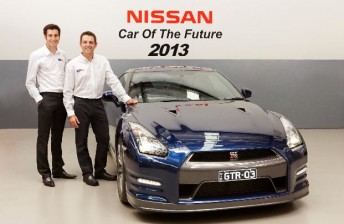 Todd and Rick Kelly pose with a Nissan GT-R