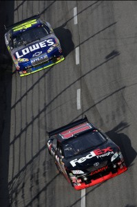 Denny Hamlin leads home Jimmie Johnson in the closing stages in Martinsville