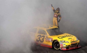 Clint Bowyer celebrates winning at Loudon