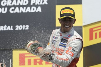 Lewis Hamilton celebrates his Canadian Grand Prix win