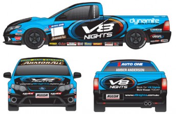 The V8 Nights-sponsored Ford that Amber Anderson will drive in the final four V8 Utes events