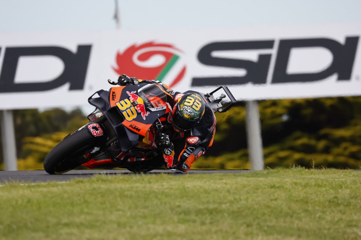Brad Binder negotiates Luke Heights during MotoGP Practice for the Australian Motorcycle Grand Prix at Phillip Island