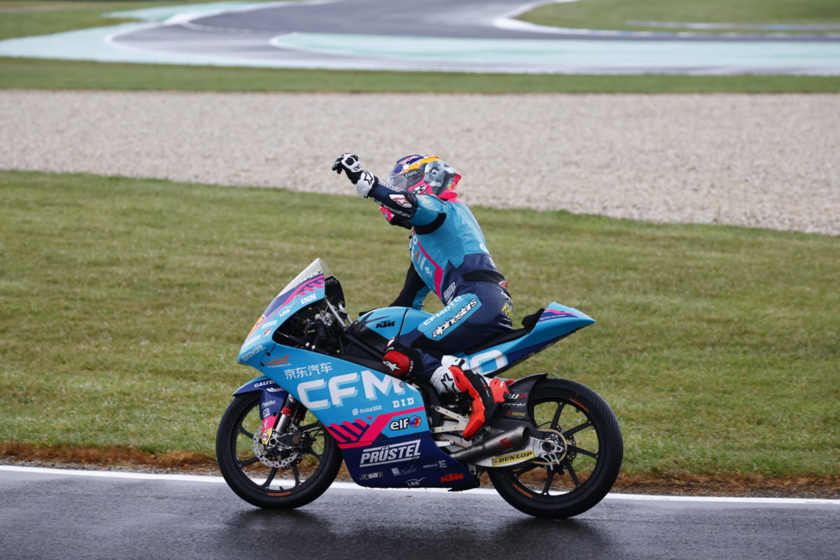 Joel Kelso celebrates a maiden Moto3 podium on the cool down lap at Phillip Island. Image: Ross Gibb Photography