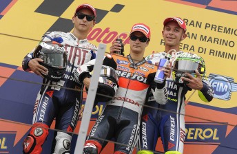 Jorge Lorenzo, Dani Pedrosa and Valentino Rossi celebrate on the podium