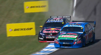 Whincup, now with four wheels off the racing surface, fights to maintain control. pic: V8TV