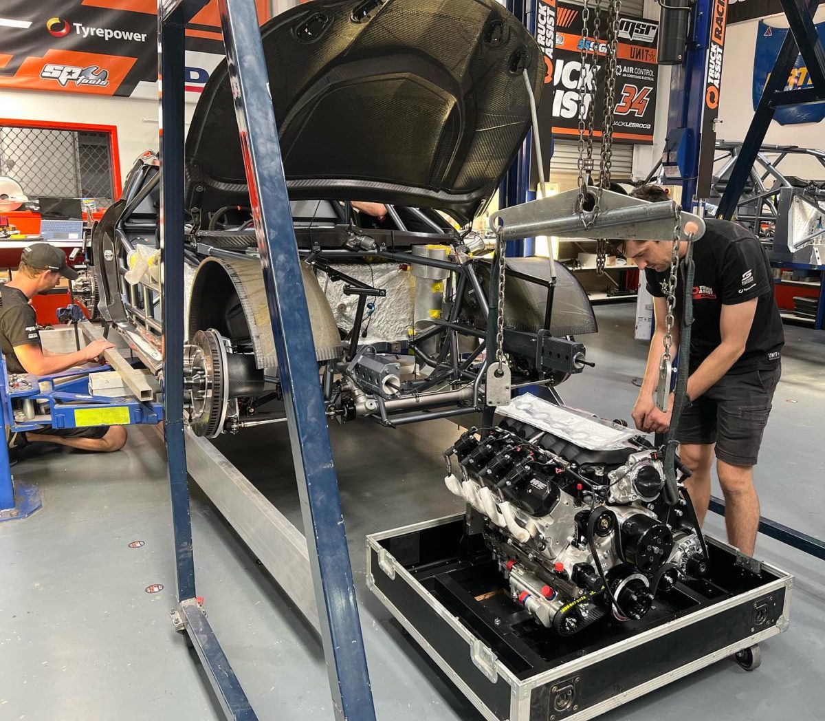 Matt Stone Racing's first Gen3 race engine with what will become a Truck Assist Racing Camaro in its Yatala workshop. Picture: MSR Facebook