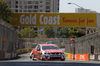The #34 Fujitsu Racing Commodore at the Gold Coast street circuit last year