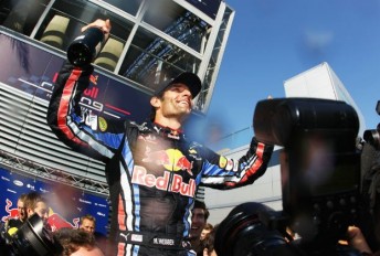 Mark Webber celebrates after winning the Hungarian Grand Prix