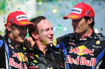 Sebastian Vettel, Christian Horner and Mark Webber celebrate Red Bull