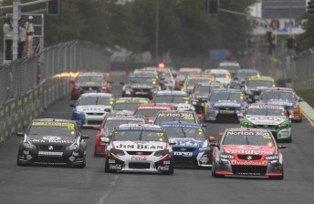 The start of the V8 Supercars street race at Hamilton, New Zealand