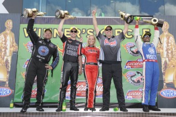 The 4-Wide Podium at zMAX - Robert Hight (Funny Car), Andrew Hines (PS Motorcycle), Jimmy Alund (PS Car) and Antron Brown