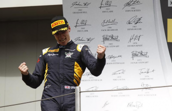 Alex Lynn celebrates victory in the Barcelona  GP2 Sprint race 