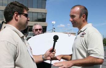 Marcos Ambrose speaks to television reporters in Montreal, Canada today