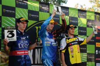 Brad Anderson (L) and Todd Waters (R) flank first time MX Nationals round winner, Lawson Bopping