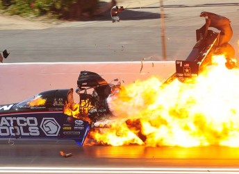 Antron Brown walked away from this inferno (PIC: CompetitionPlus.com/Marty Reger)