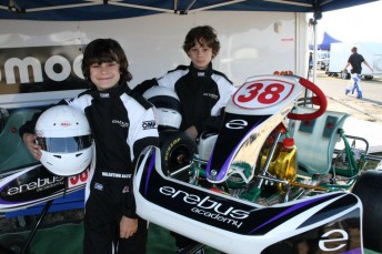 Antonio and Valentino Astuti, the sons of F3 team owner Sam, display Erebus Academy backing on their karts