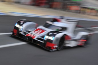 The #9 Audi held a narrow lead at the 8 Hour mark of the Le Mans 24 Hour classic