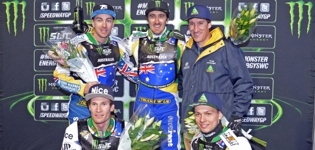 Team Australia (clockwise from left rear) Troy Batchelor, Chris Holder, Mark Lemon (Manager), Nick Morris and Jason Doyle will race in the World Cup Final