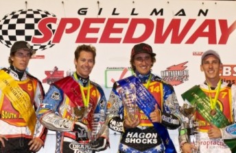 Chris Holder (2nd from right) is flanked by Sam Masters (4th), Davey Watt (2nd) and Cameron Woodward (3rd) at Gillman. (Pic: speedwaygp.com)