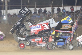 Kurt Luttrell (45) heads for the heavens as Luke Walker, Steven Lines and Grant Anderson look for a place to hide in Friday night's Easter Sprintcar classic . pic:  Corey Gibson  