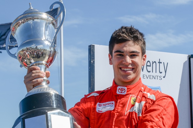 The 16-year-old Canadian Lance Stroll claims the Lady Wigram trophy at the opening rond of the Toyota Racing Series at Ruapuna. pic: Bruce Jenkins