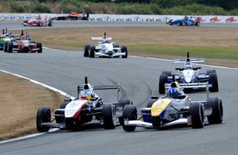 Josh Hill, front right, has won the opening TRS race at Teretonga