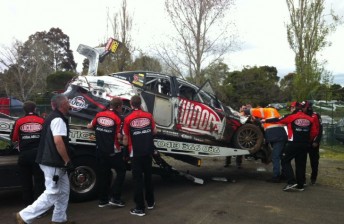 The #14 Holden was returned to the scrutineering area after its shunt