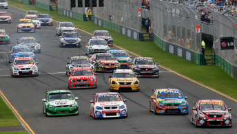 Two two BJR Holdens lead the field away for Race 4 at Albert Park