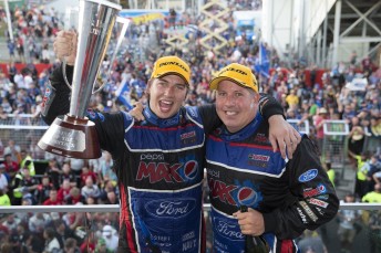 Chaz Mostert and Paul Morris celebrate Supercheap Auto Bathurst 1000 victory