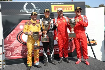 Australian GT podium from left, Ben Eggleston, winner Richard Muscat, and runners-up John Bowe and Peter Edwards