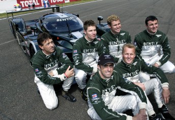 The 2003 Bentley Le Mans 24 squad (Front Row l-r) David Brabham, Johnny Herbert, (Back Row l-r) Rinaldo Capello, Guy Smith, Tom Kristensen and Mark Blundell.