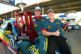 Simon Wills and David Besnard celebrate their victory in the 2002 Queensland 500 
