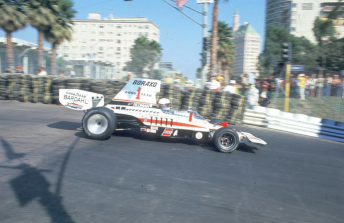Brian Redman winning the inaugural Long Beach grand prix in 1975 in a Haas Racing Lola T332 F5000 