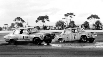 The late Peter Brock (supercharged Holden Torana) and Rallycross Australia organiser Bob Watson (Renault R8 Gordini) battle it out in a Calder Rallycross final in the early 1970s