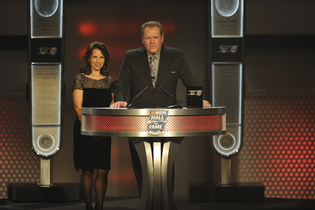 Sue and Buddy Baker accepting for his dad Buck Baker at the NASCAR Hall of Fame in 2013